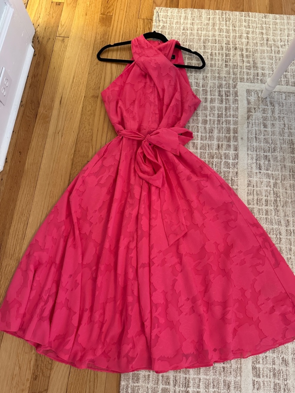 Halter Midi Dress with Self-Tie Waist in Bright Pink Size 12